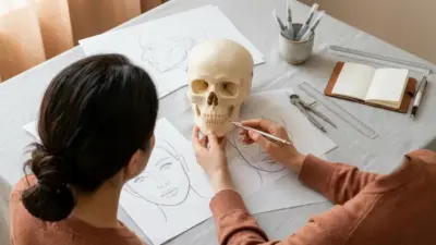 A hyper-realistic top-down view of a 3D anatomical skull model and surgical drafting tools on a clean desk.
