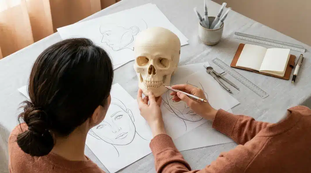 A hyper-realistic top-down view of a 3D anatomical skull model and surgical drafting tools on a clean desk.