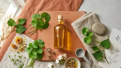 Aesthetic flat lay of a golden cleansing oil bottle and natural ingredients.