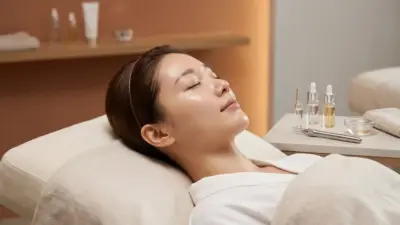 A glowing woman with flawless translucent skin next to premium skincare ampoules in a clinical spa setting.