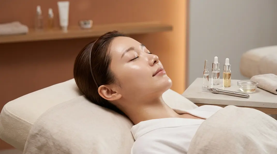 A glowing woman with flawless translucent skin next to premium skincare ampoules in a clinical spa setting.