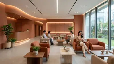 Luxurious waiting area of a Korean dermatology clinic with warm terracotta decor.