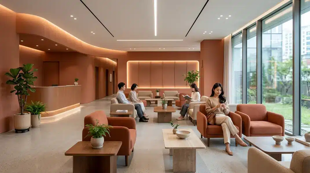 Luxurious waiting area of a Korean dermatology clinic with warm terracotta decor.