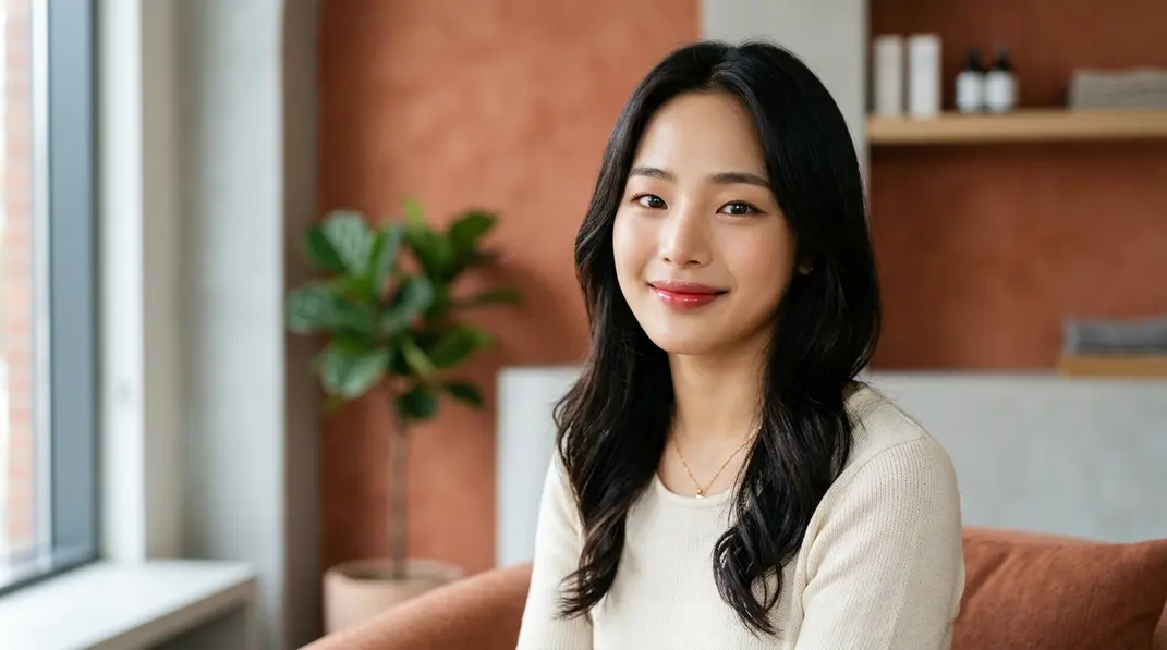 A beautiful Korean woman with perfectly shaped, natural cherry lips, representing Korean lip filler results