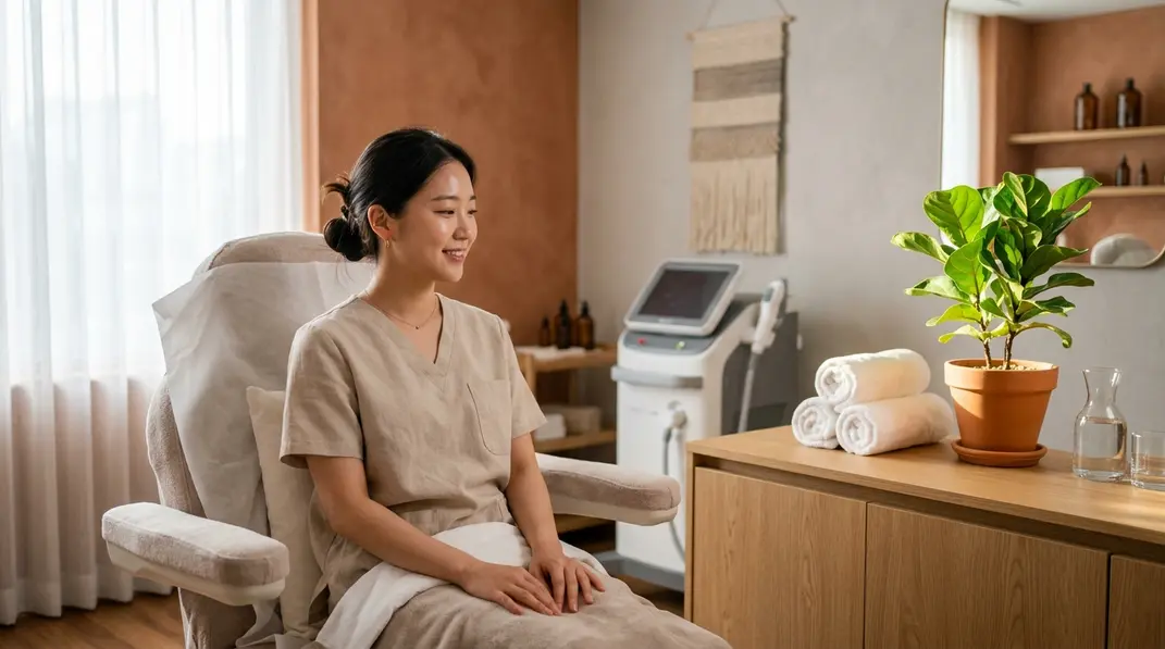 A serene dermatology clinic room with warm terracotta tones and a modern lifting machine.