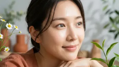 A close-up of a woman's radiant and hydrated eye area, surrounded by soft botanical elements.
