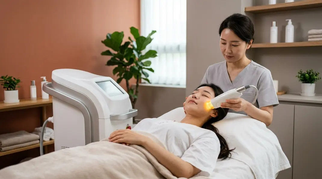 A beautifully glowing clinical laser device emitting a gentle beam over skin, representing regenerative laser therapy.