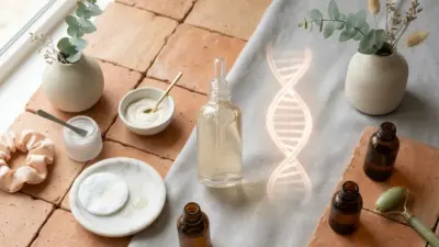 A hyper-realistic flat lay of modern skincare and dermatology elements on a terracotta background.