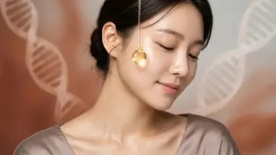 A glowing drop of Rejuran PDRN serum with subtle golden and terracotta lighting representing skin rejuvenation