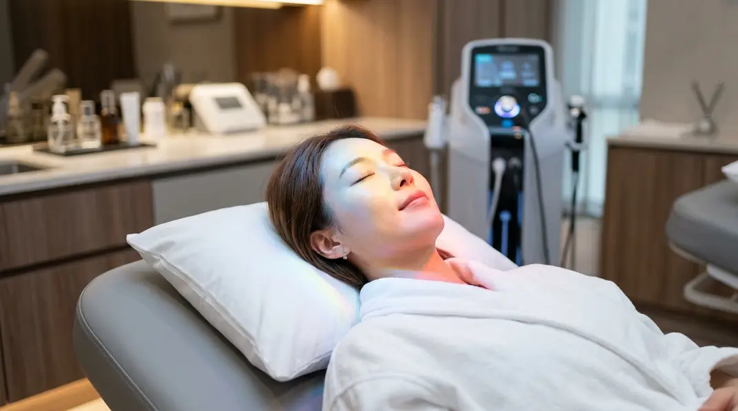 A radiant female face illuminated by soft, multicolored LED lights in a premium clinic setting.