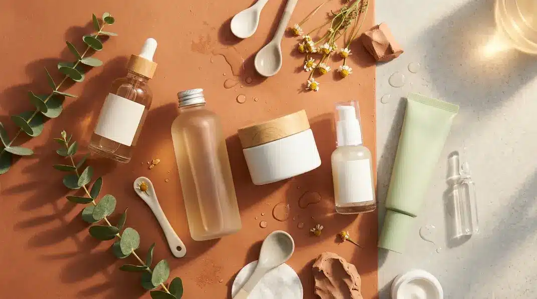A beautifully arranged set of popular Korean skincare products often seen on TikTok, surrounded by a warm, aesthetic glow.