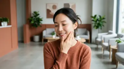A glowing, youthful woman gently touching her flawless facial contours in a modern aesthetic clinic setting.