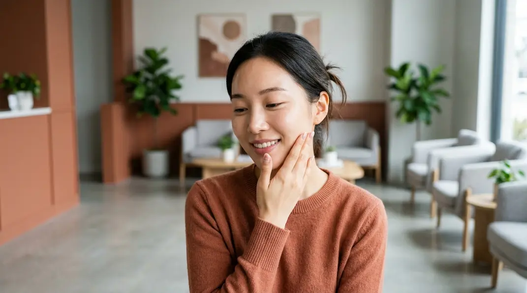 A glowing, youthful woman gently touching her flawless facial contours in a modern aesthetic clinic setting.
