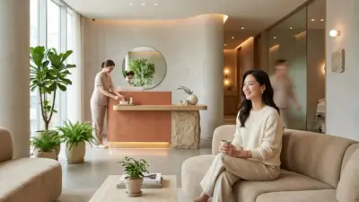 A luxurious and serene waiting area of a premium skin clinic in Seoul, South Korea, featuring elegant design and natural light.