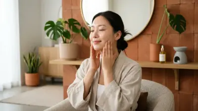 A woman engaging in a gentle lymphatic facial massage to reduce swelling.