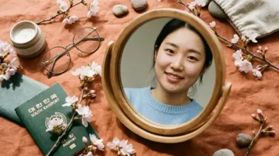 A warm terracotta flat lay featuring a stylized mirror, travel passport, and cherry blossoms representing beauty transformation in Korea.