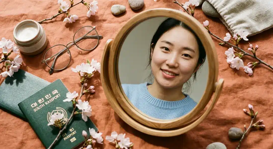 A warm terracotta flat lay featuring a stylized mirror, travel passport, and cherry blossoms representing beauty transformation in Korea.