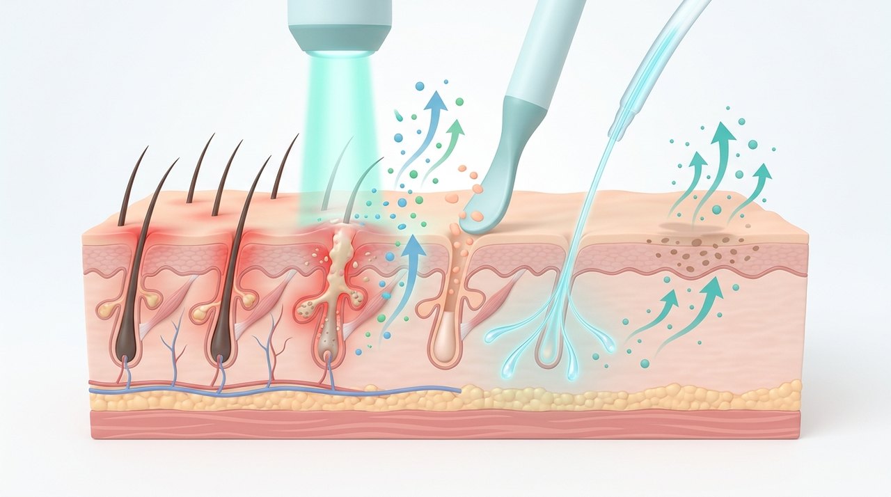 active acne treatment korea clinic comparative infographic of penetration depth, clinical efficacy duration and discomfort index