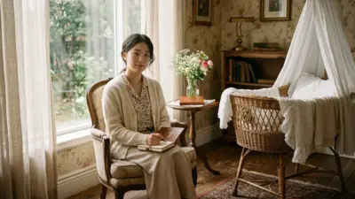 A vintage-style portrait of a cozy room with a terracotta journal embossed with the name Agnes