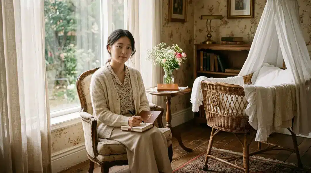A vintage-style portrait of a cozy room with a terracotta journal embossed with the name Agnes