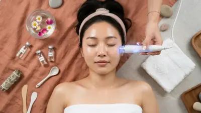 A photo-realistic flat lay of Korean skincare clinic elements representing an Aqua Peel treatment.
