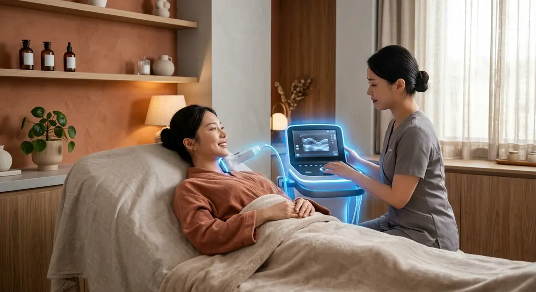 A serene aesthetic clinic room featuring a modern Bellasonic ultrasound device.
