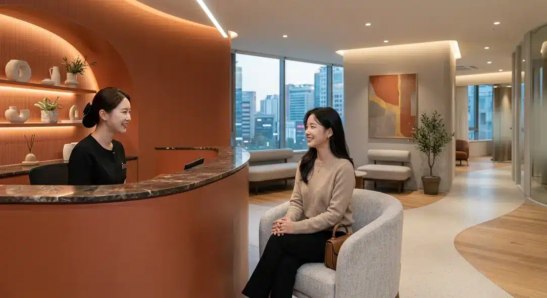 High-end modern plastic surgery clinic interior in Gangnam, Seoul, featuring warm terracotta and light gray aesthetics.