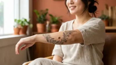A beautiful botanical tattoo curving gently around a natural brown mole on a person's forearm, leaving a clear margin.