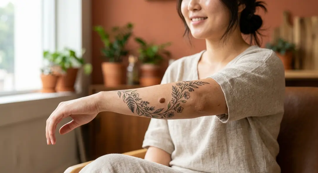 A beautiful botanical tattoo curving gently around a natural brown mole on a person's forearm, leaving a clear margin.