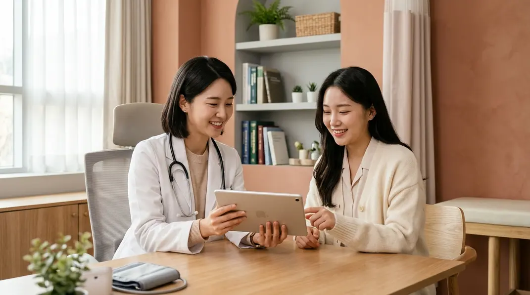 A patient and a doctor smiling during a medical consultation in a bright, modern room.