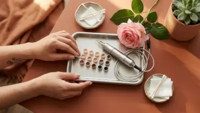 A serene arrangement of natural skin-tone pigments and a blooming pink rose symbolizing breast cancer recovery.