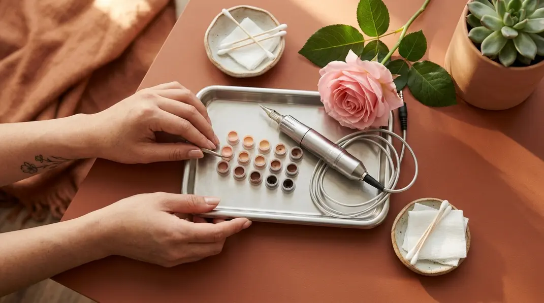 A serene arrangement of natural skin-tone pigments and a blooming pink rose symbolizing breast cancer recovery.