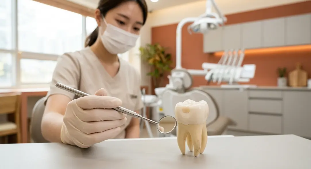 A realistic aesthetic tooth model showing a seamless tooth-colored composite resin filling