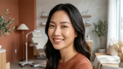A woman showcasing natural-looking microbladed eyebrows in a modern beauty clinic