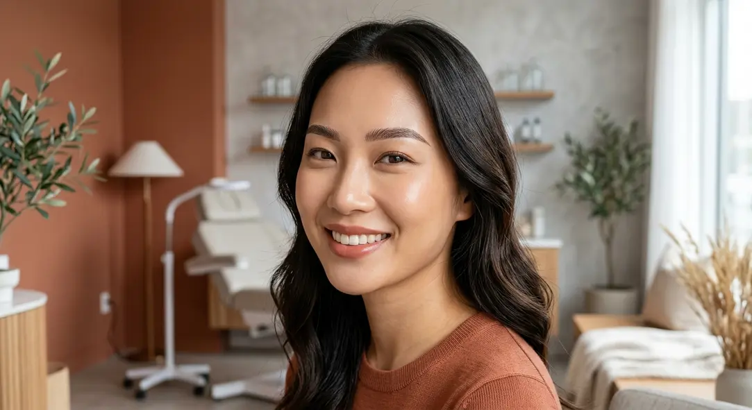 A woman showcasing natural-looking microbladed eyebrows in a modern beauty clinic