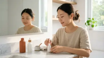 Dermatological skincare products on a sunlit bathroom counter.