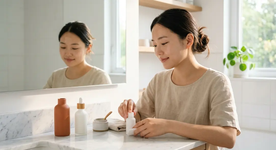 Dermatological skincare products on a sunlit bathroom counter.