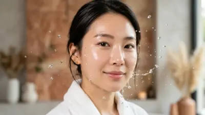 A close-up realistic portrait of a woman with flawless, deeply hydrated glass skin.