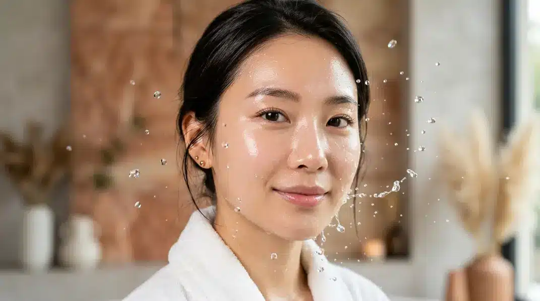 A close-up realistic portrait of a woman with flawless, deeply hydrated glass skin.