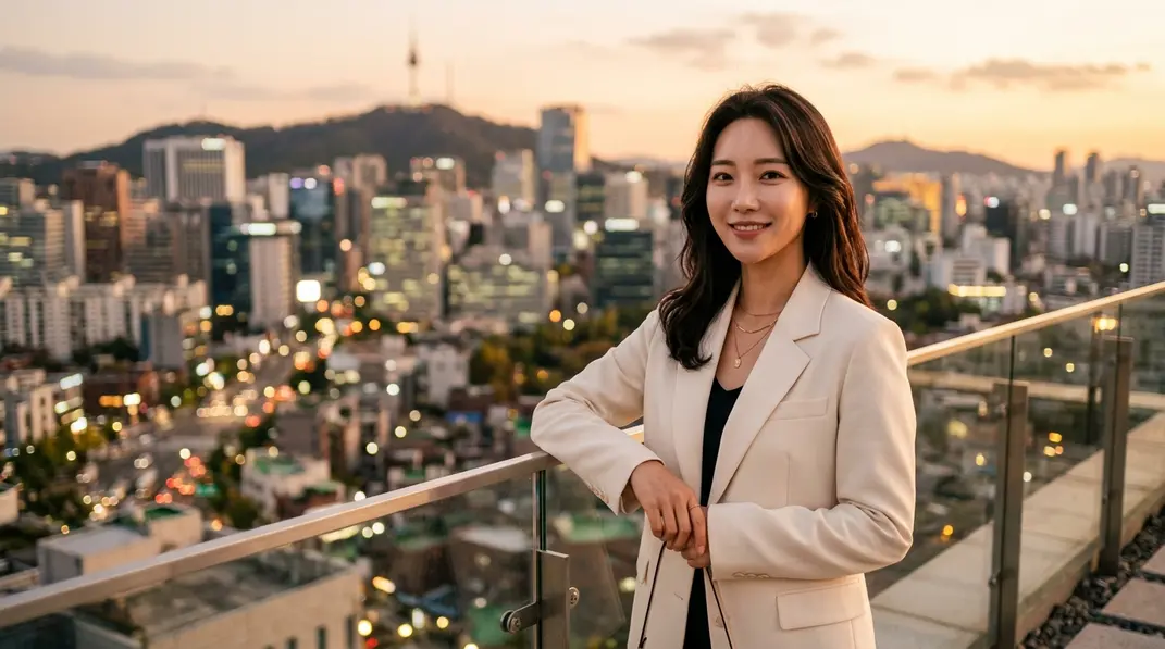 A beautiful, confident woman showcasing a sharp, well-defined jawline and neck in South Korea.