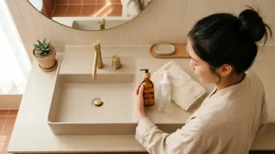 Two elegant skincare bottles representing oil and water cleansers resting next to a soft towel on a modern bathroom sink.