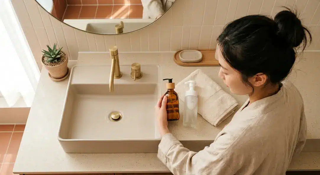Two elegant skincare bottles representing oil and water cleansers resting next to a soft towel on a modern bathroom sink.