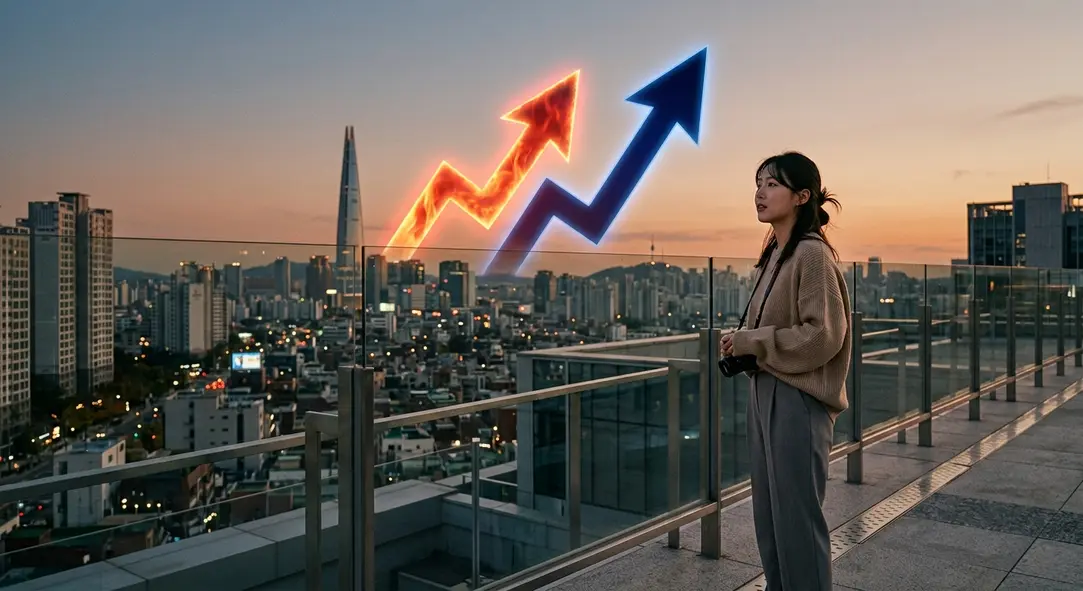 Two soaring arrows representing inflation and interest rates over a modern cityscape.