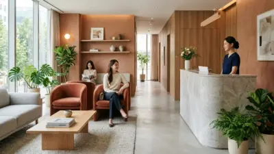 A modern and luxurious plastic surgery clinic reception in Seoul, South Korea.