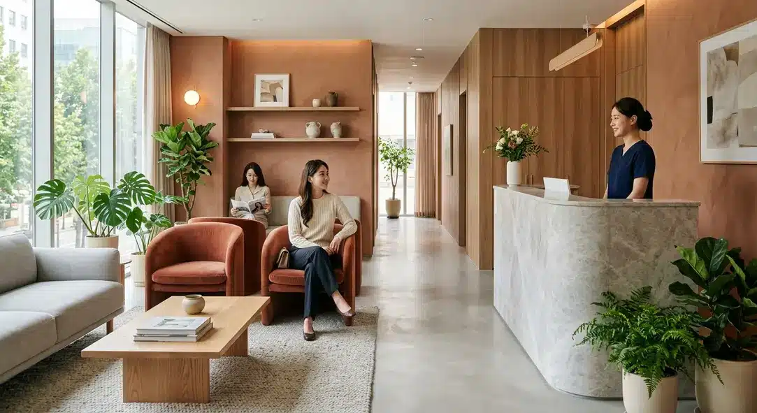 A modern and luxurious plastic surgery clinic reception in Seoul, South Korea.