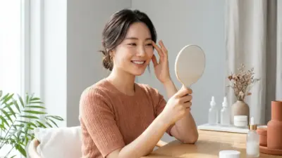 A confident woman holding a mirror, examining her glowing and refreshed skin.