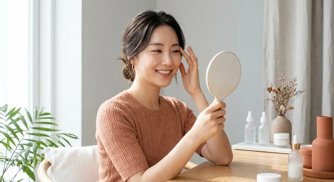 A confident woman holding a mirror, examining her glowing and refreshed skin.
