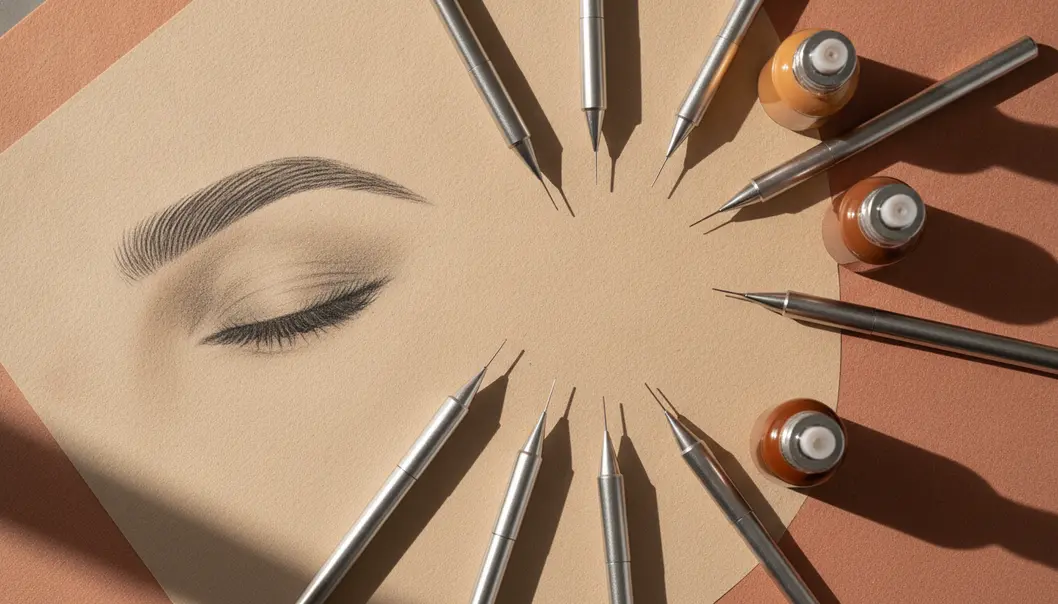 A variety of permanent makeup tools and pigments ready for a procedure.