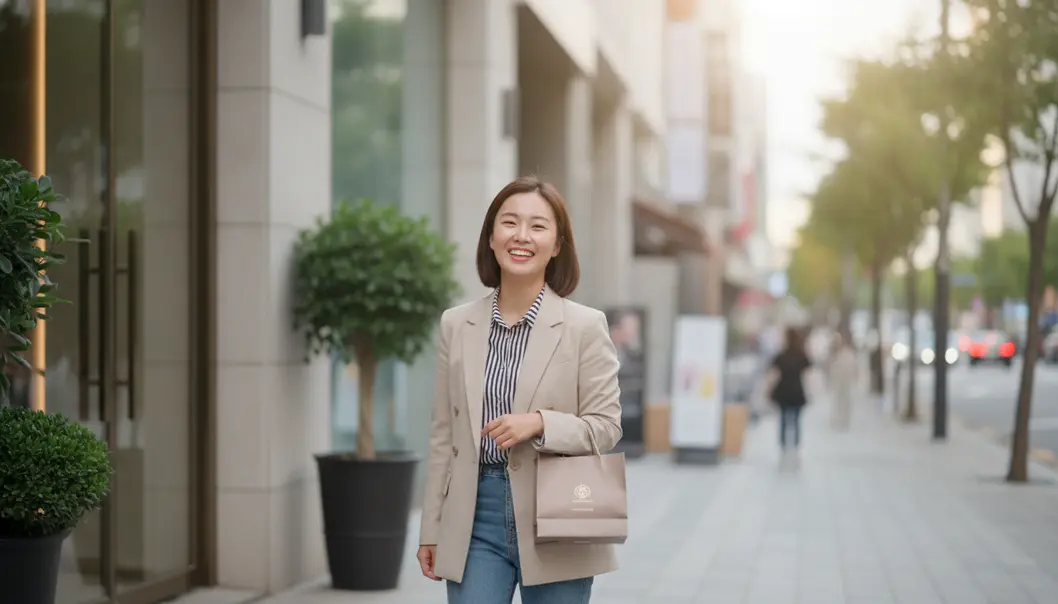 Walking out of a Seoul skin clinic with glowing skin and top-tier skincare products.