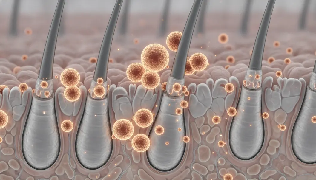 Microscopic view of exosomes rejuvenating hair follicles.